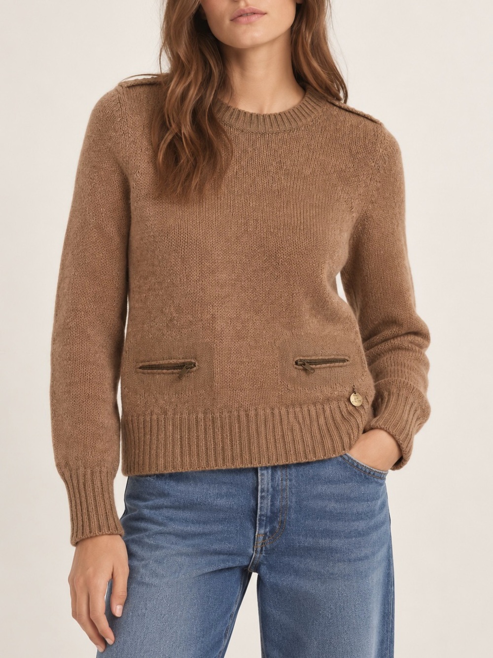 See By Chloe Wool Blend Sweater with Pockets Tan Size 6 Boho Knit Mohair